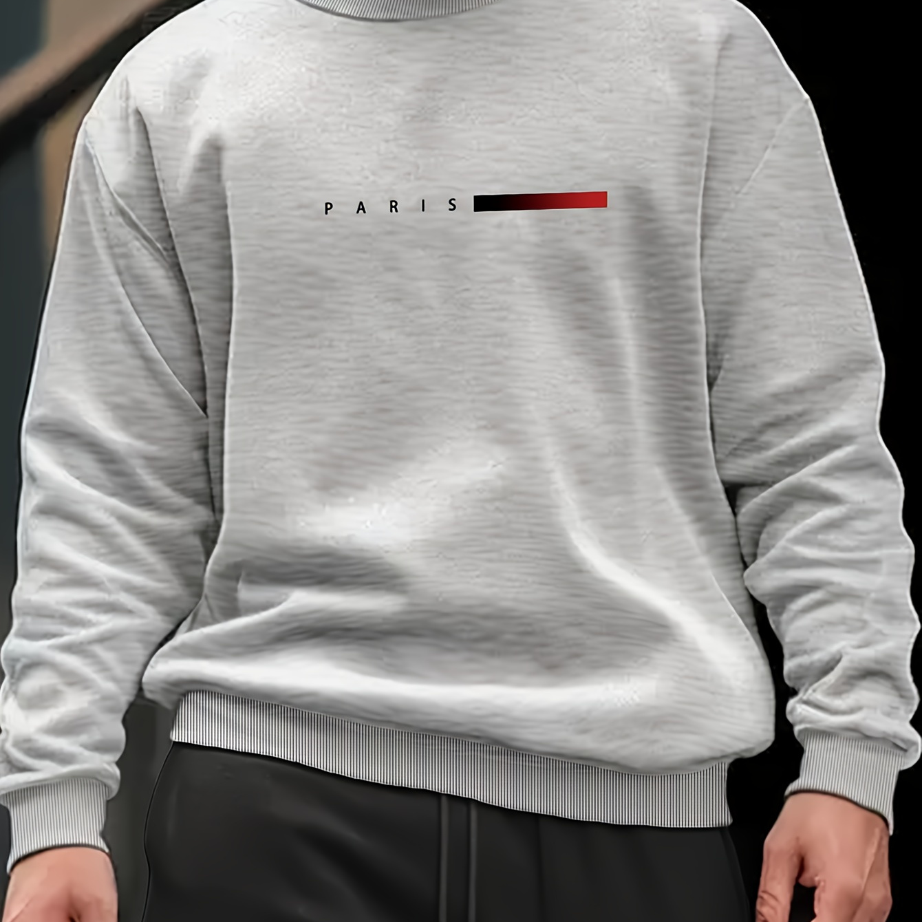 

Men's Casual Crew Neck Sweatshirt With Paris Lettering Print, 100% Polyester Knit Fabric, Long Sleeve, Regular Fit, Geometric Pattern - Active Pullover Sweatshirt