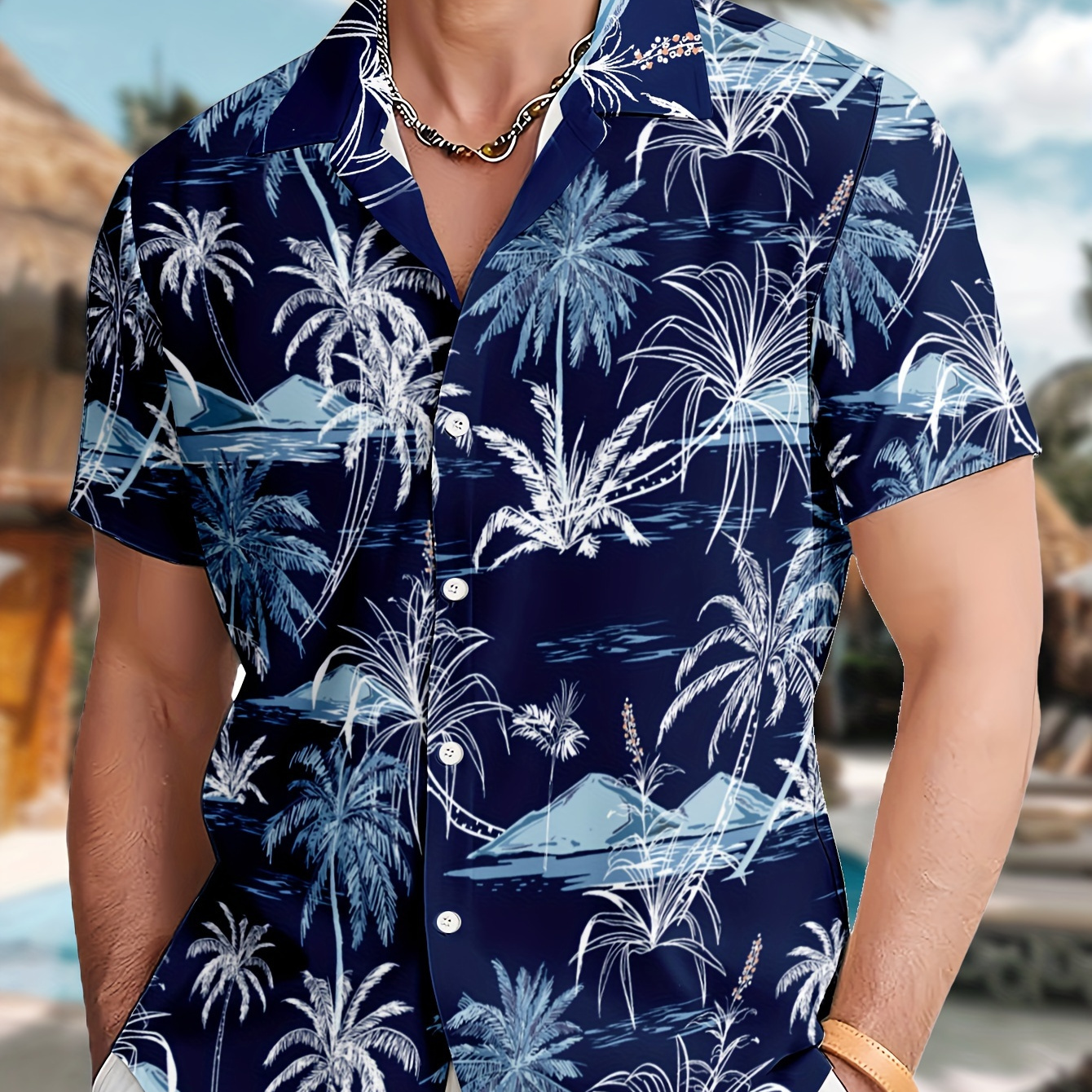 

Men's Trendy Hawaiian Lapel Collar Graphic Shirt With Stylish Palm Tree Print For Summer Beach, Pool And Resort, Comfort Fit
