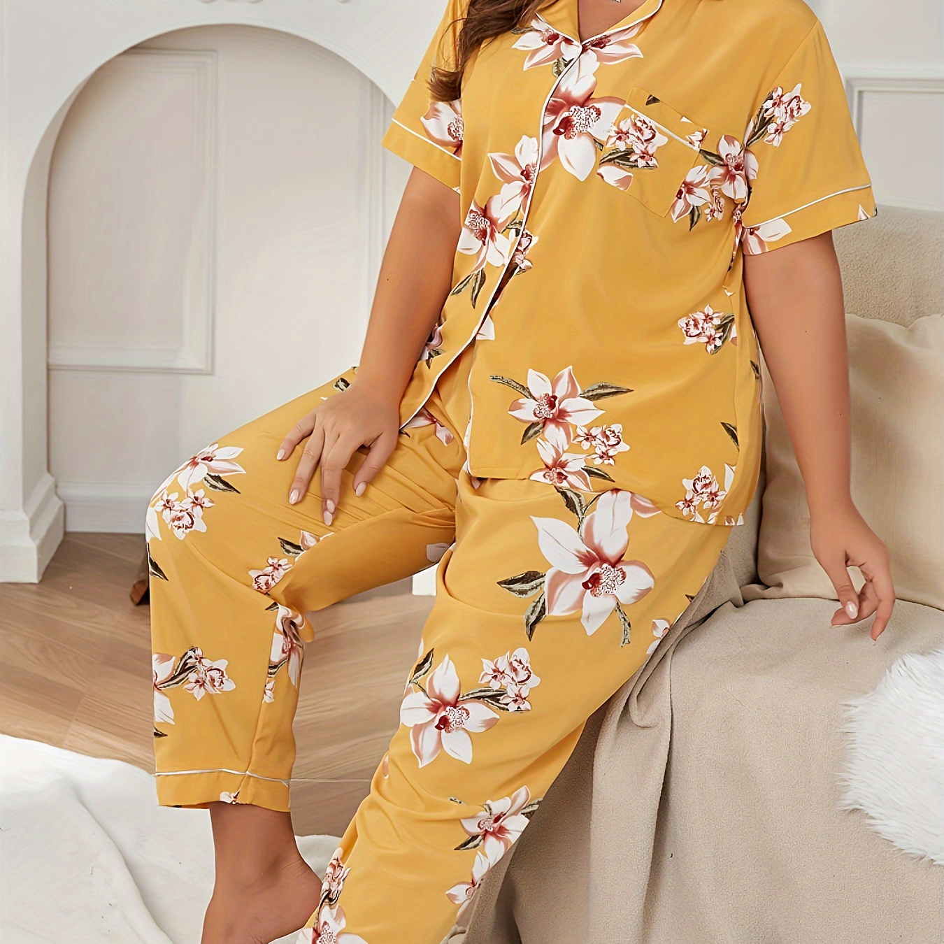 Wowens Plus Pajama Sets Floral Sleepware Lounge Navy Blue 3XL