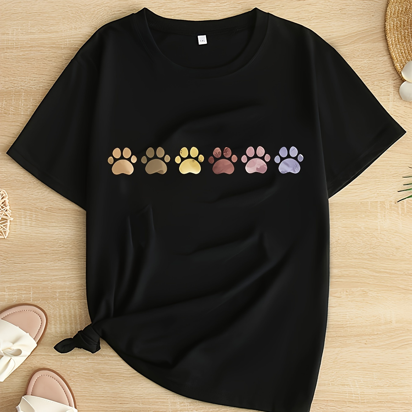 

Women's Casual Black Paw Print Graphic T-shirt, Short Sleeve Crew Neck, Sizes 1-8xl, Polyester , Machine Washable