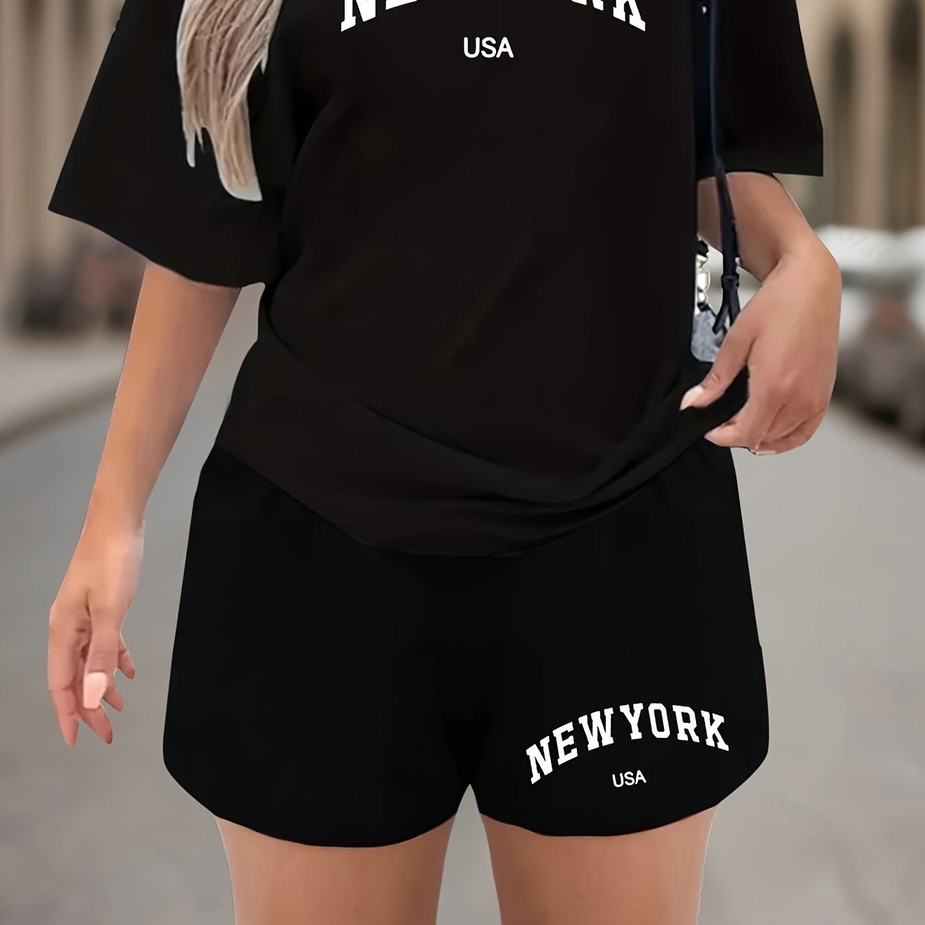 

Women's Casual Sports Set, Breathable Short Sleeve T-shirt & Quick-dry Shorts, Fashion New York Print, 2-piece Outfit