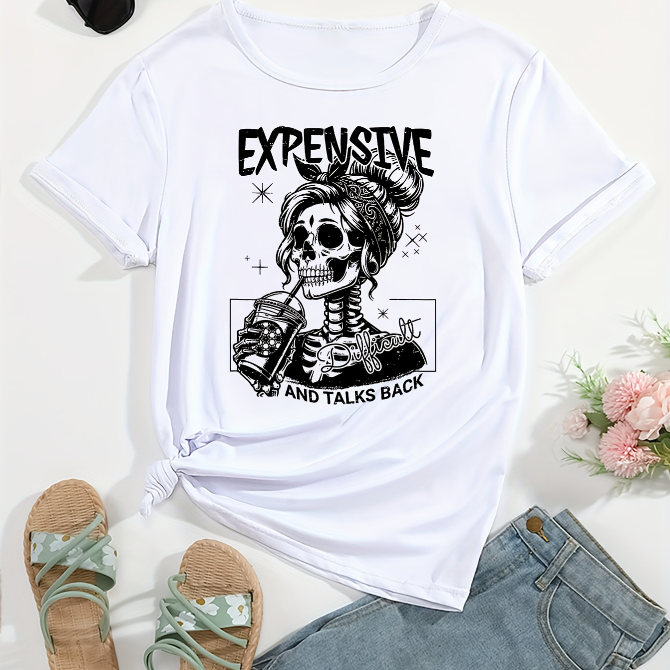 

Skeleton & Letter Pattern Casual T-shirt, Crew Neck Short Sleeves Comfy Tops, Women's Activewear