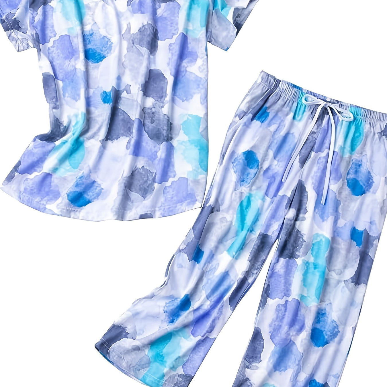 

Colorblock Print Pajama Set, V Neck Short Sleeve Top & Elastic Waistband Pants, Women's Sleepwear & Loungewear