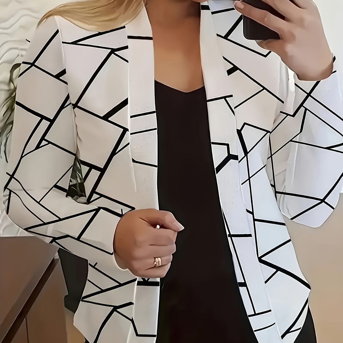 

Geo Print Open Front Blazer, Elegant Long Sleeve Slim Blazer For Spring & Fall, Women's Clothing