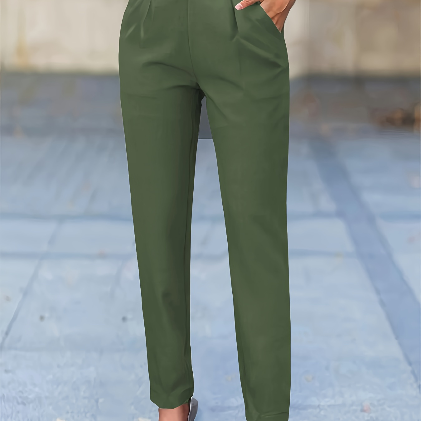 

Solid Color Slant Pockets Tapered Pants, Casual & Versatile Cropped Pants For Spring & Summer, Women's Clothing