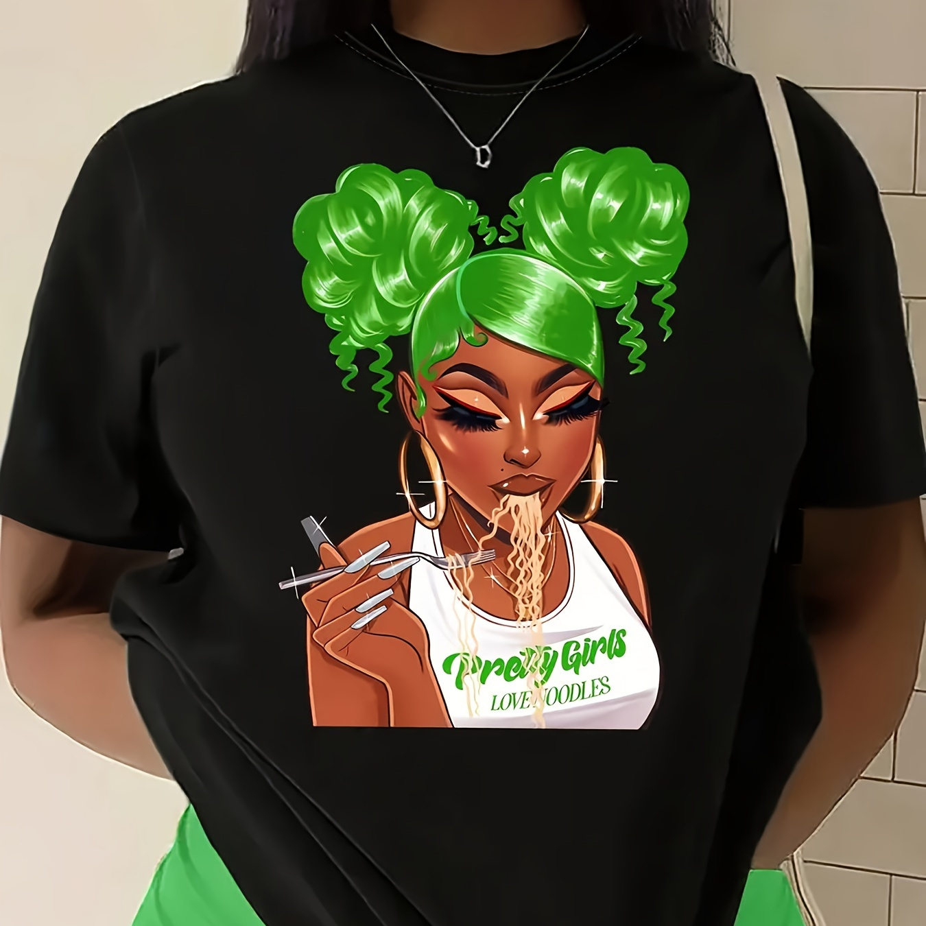 

Plus Size Cartoon Shaggy Green Hair Girl Printed T Shirt, Fashion Spring And Autumn Casual T Shirt, Plus Size Women's Clothing