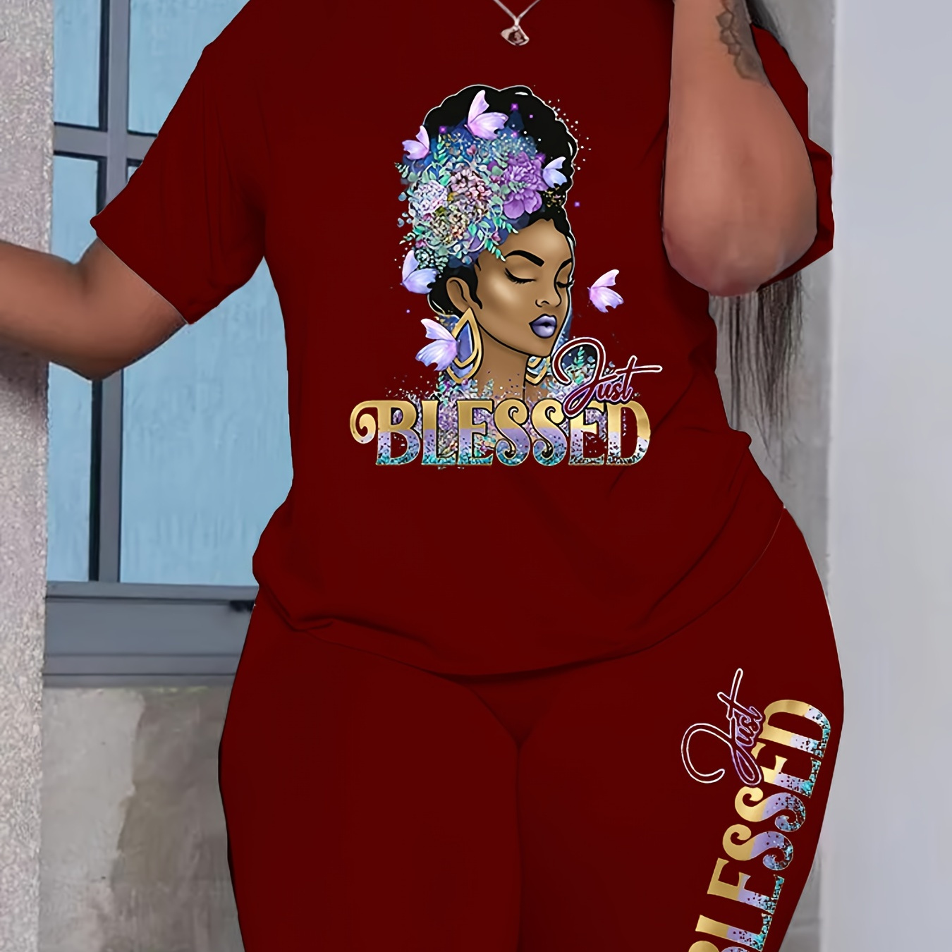 

Blessed Girl Print 2 Pieces Set, Crew Neck Short Sleeve T-shirt & Bodycon Shorts Outfits, Women's Clothing