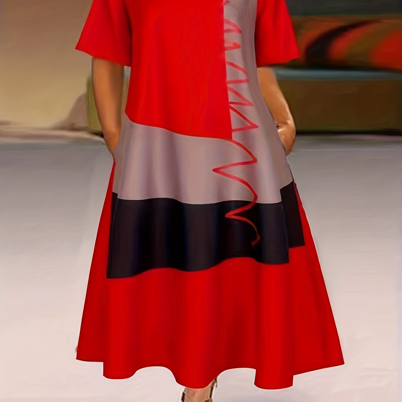

Plus Size Retro Dress, Women's Plus Colorblock Short Sleeve Round Neck Maxi Dress With Pockets