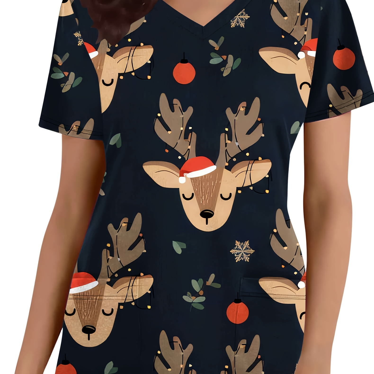 

Elegant Christmas Reindeer Print Scrub Top For Women With V-neck, Short Sleeves, Slight Stretch Polyester Fabric, Regular Fit With Pockets - Medical Nursing Uniform Pullover