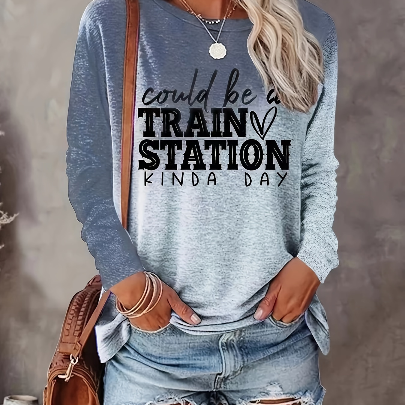 

Heart Print Crew Neck T-shirt, Casual Long Sleeve Top For Spring & Fall, Women's Clothing