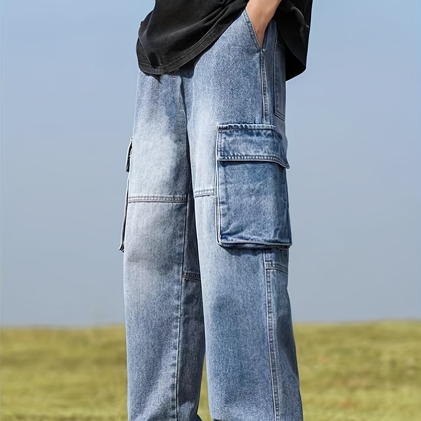 

Youth Streetwear Baggy Jeans With Oversized Pockets, Casual Denim Cargo Pants, Loose Fit For Teens And Boys