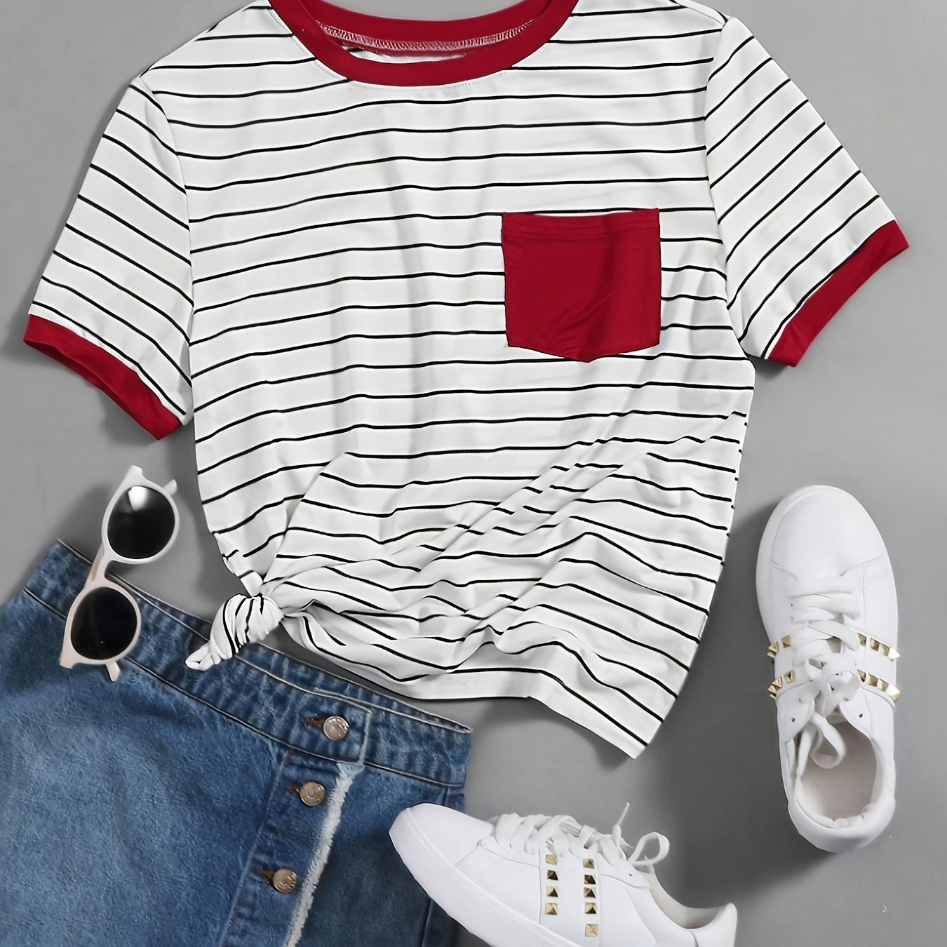 

Striped Contrast Color Crew Neck T-shirt, Elegant Pocket Short Sleeve T-shirt For Spring & Summer, Women's Clothing