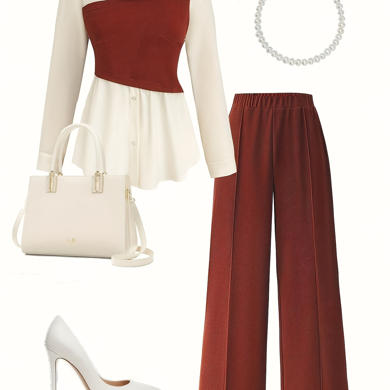 

| Elegant Women'-piece Set: Button-up Shirt & Wide-leg Pants In Burgundy And White - 100% Polyester, Machine Washable, Spring/fall