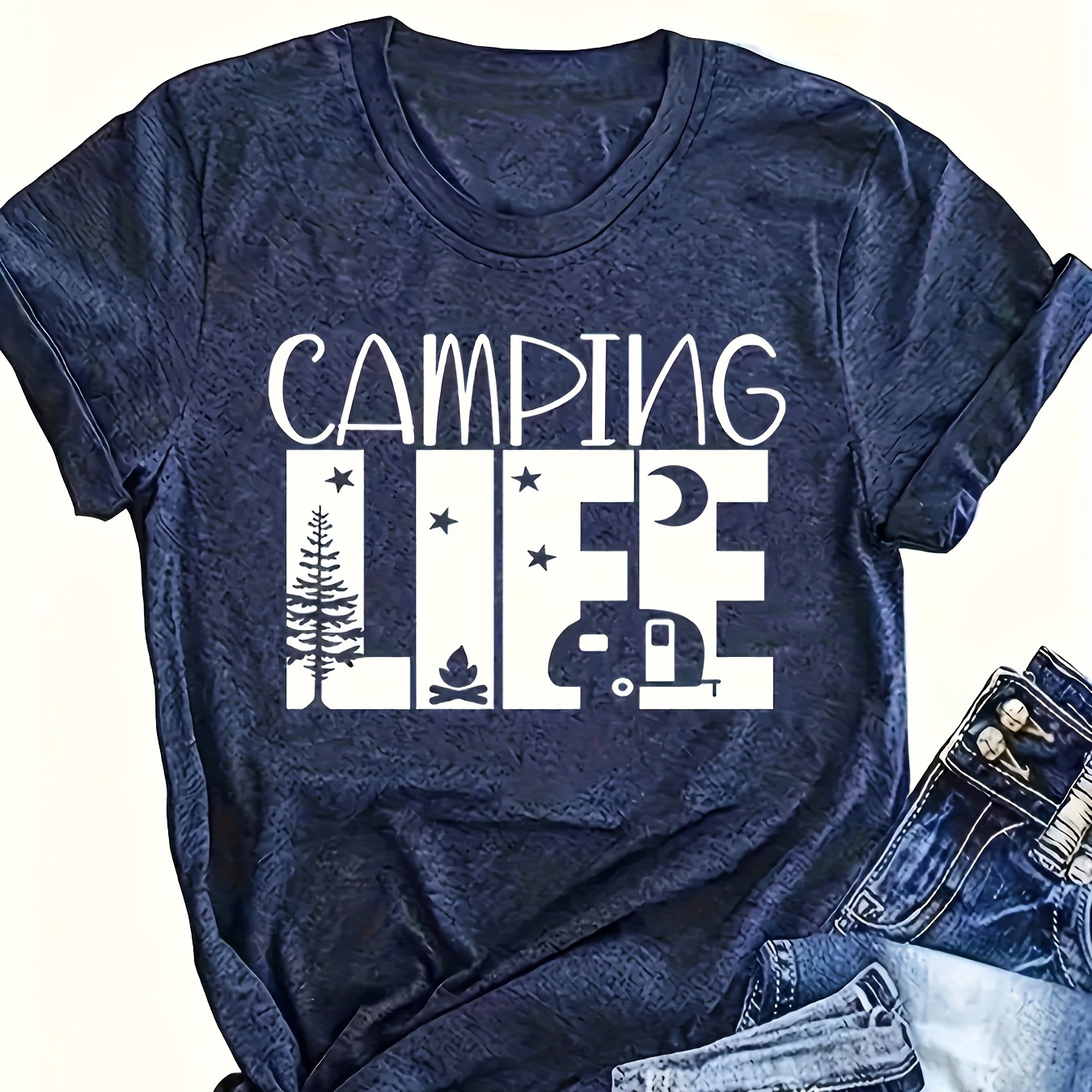

Plus Size Camping Life Print T-shirt, Casual Crew Neck Short Sleeve T-shirt, Women's Plus Size clothing