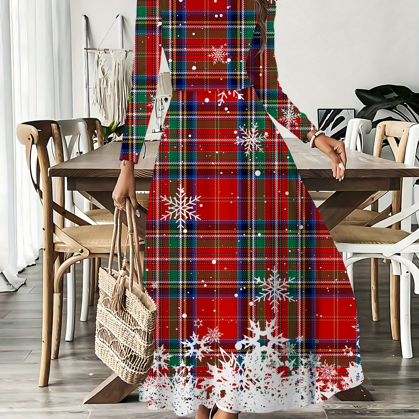 

1pc Christmas Long Sleeve Round Polyester A- Mid-length For Women - Pattern, /