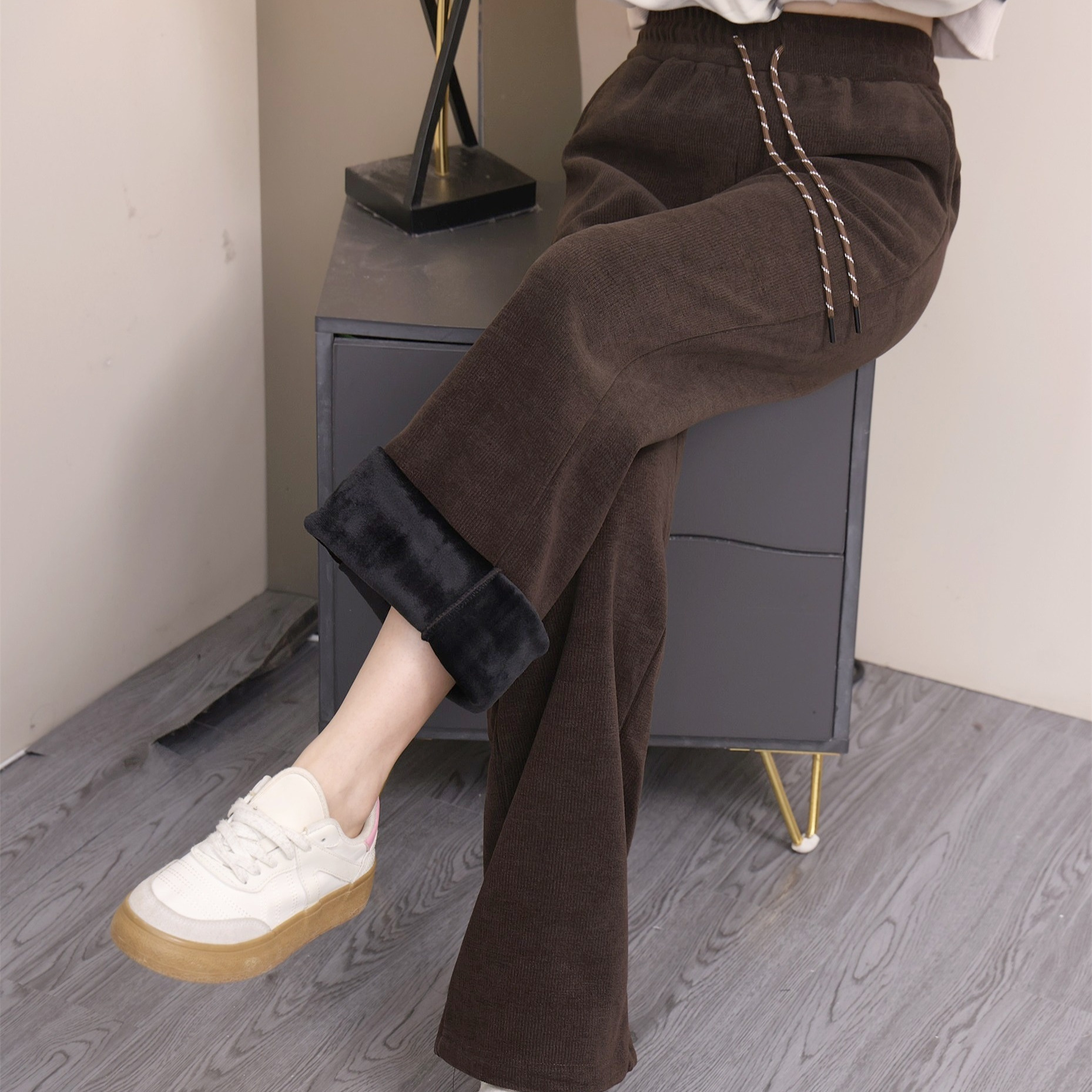 

's -waisted Thickened Sweatpants - 88% , 12% Elastane -leg Trousers Drawstring, , Fall/ 2024