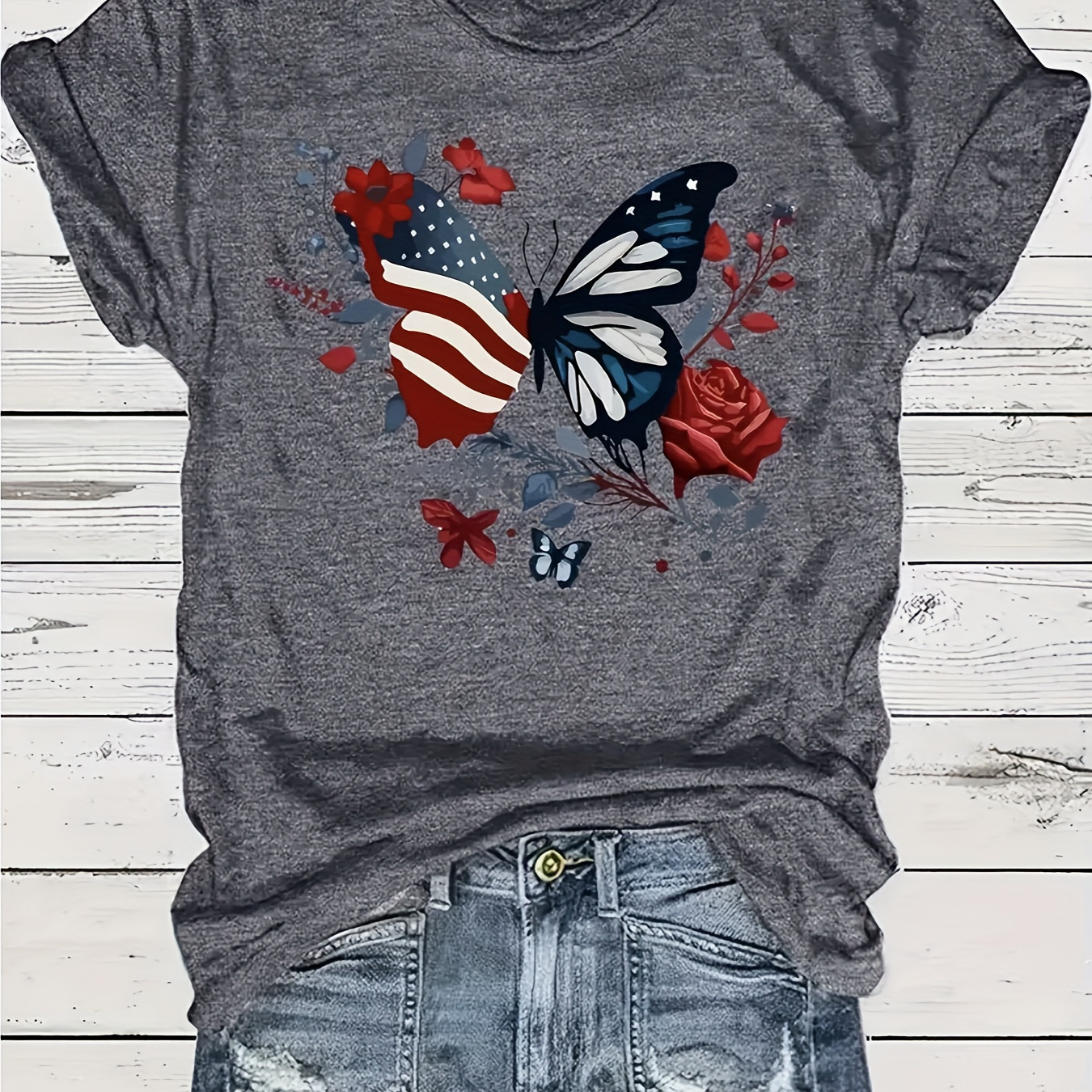 

Vibrant American Flag Print V-neck T-shirt - And Spandex , Summer - Womens Casual Short Sleeve Tee