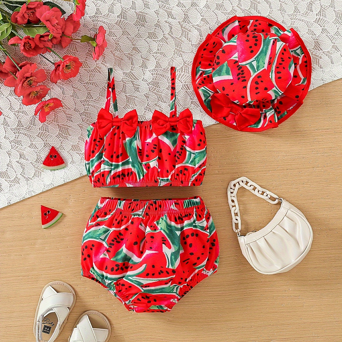 

Baby's Cute Watermelon Full Print 2pcs Summer Outfit, Bowknot Decor Cami Top & Hat & Triangle Shorts Set, Toddler & Infant Girl's Clothes