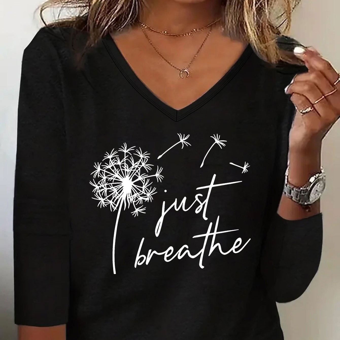 

Dandelion Graphic Print T-shirt, Long Sleeve V Neck Casual Top For Spring & Fall, Women's Clothing