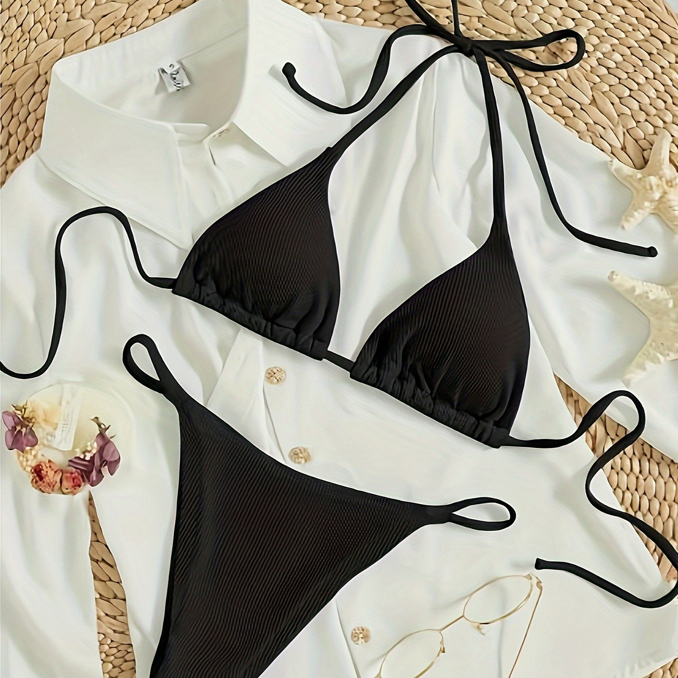 

Rib Knit Plain Black 2 Piece Set Bikini, Halter Tie Strap Backless Stretchy Top & V String Thong Swimsuits, Women's Swimwear & Clothing