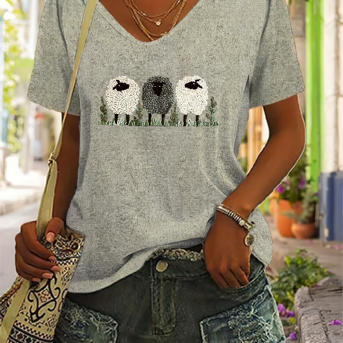 

Graphic Print V Neck T-shirt, Casual Short Sleeve T-shirt For Spring & Summer, Women's Clothing