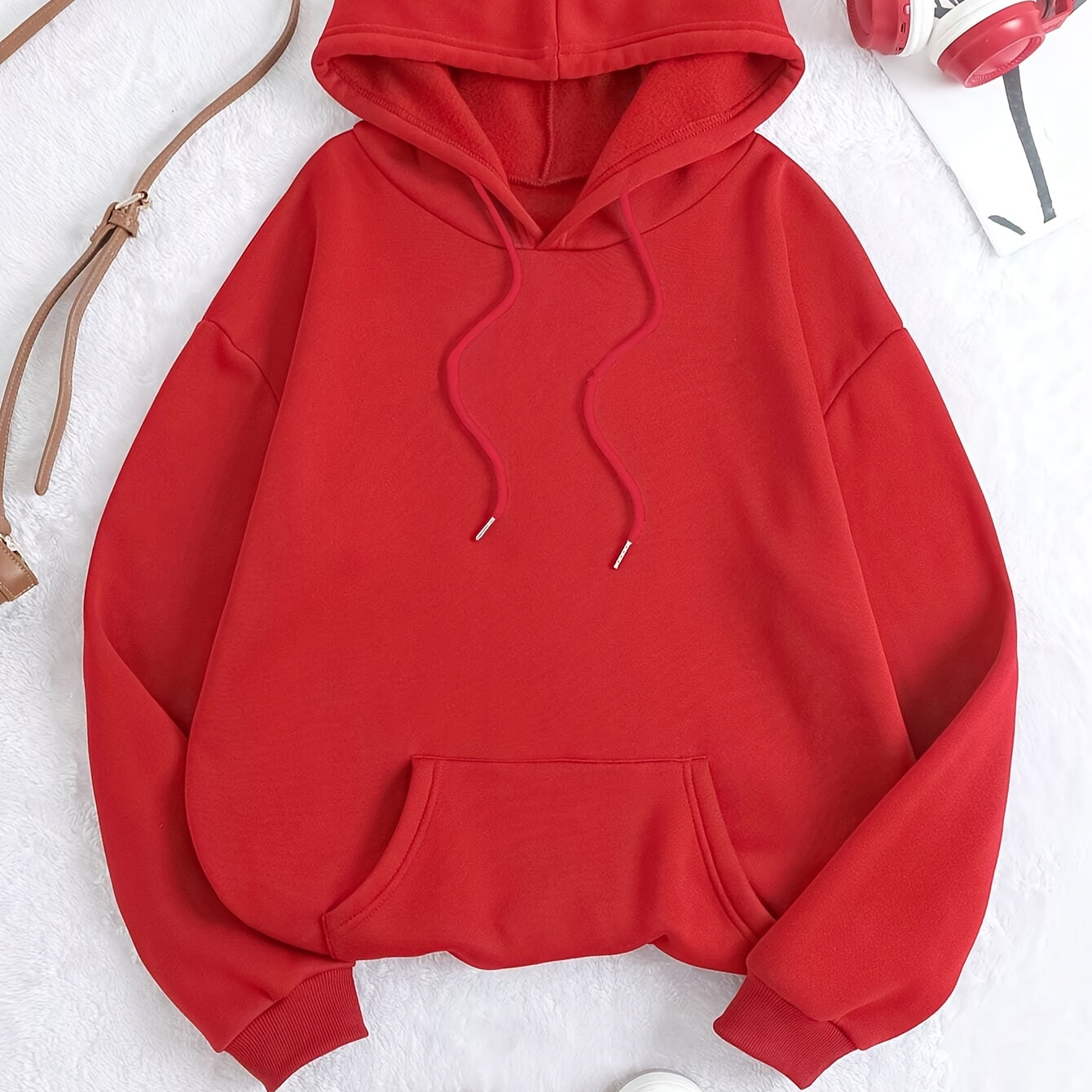 

Women's Solid Color Drawstring Hoodie, Warm Plush-lined, Long Sleeve, Casual Sports Pullover With Pocket, Thick Autumn/winter Sweatshirt