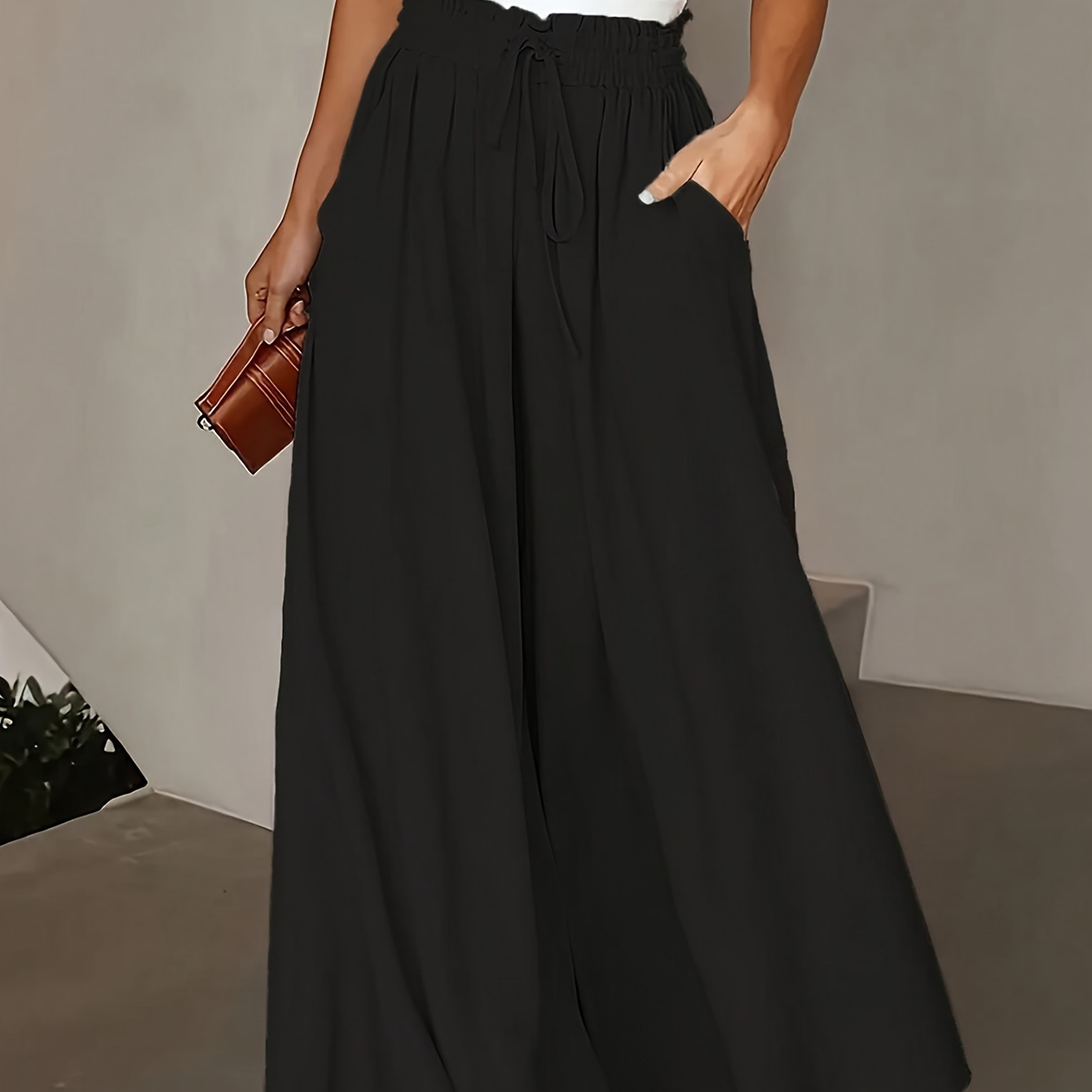 

Solid Color Wide Leg Flowy Pants, Casual High Waist Pants For , Women's Clothing