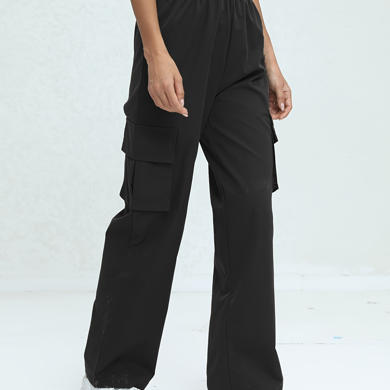 

Flap Pockets Wide Leg Cargo Pants, Casual Stirred Waist Pants For Spring & Summer, Women's Clothing