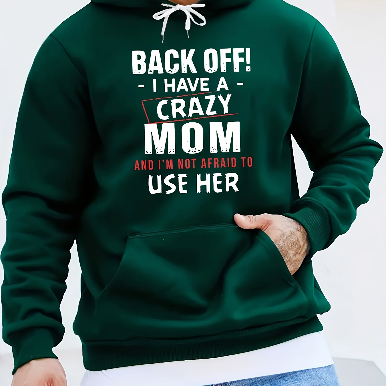 

Back Off I Have A Crazy Mom Print Kangaroo Pocket Hoodie, Casual Long Sleeve Hoodies Pullover Sweatshirt, Men's Clothing, For Fall Winter