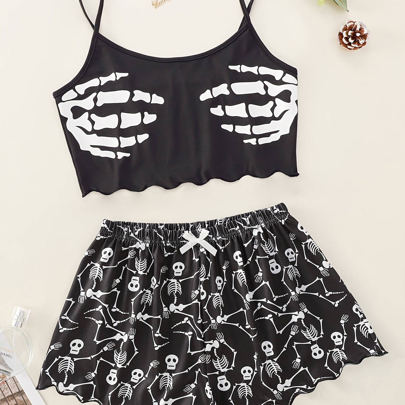 

Women's Halloween Skull Print Pajama Set - Comfy Polyester Cami Top & Shorts, Machine Washable