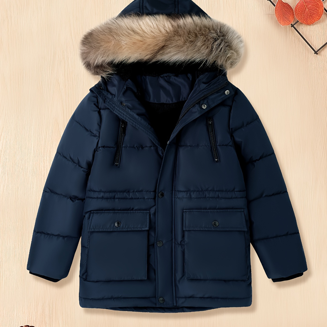 

Boy's Long Sleeve Hooded Padded Coat, Fleece Warm Jacket For Winter Outdoor, Zip Up Jacket With Button, Cozy Outdoor Coat