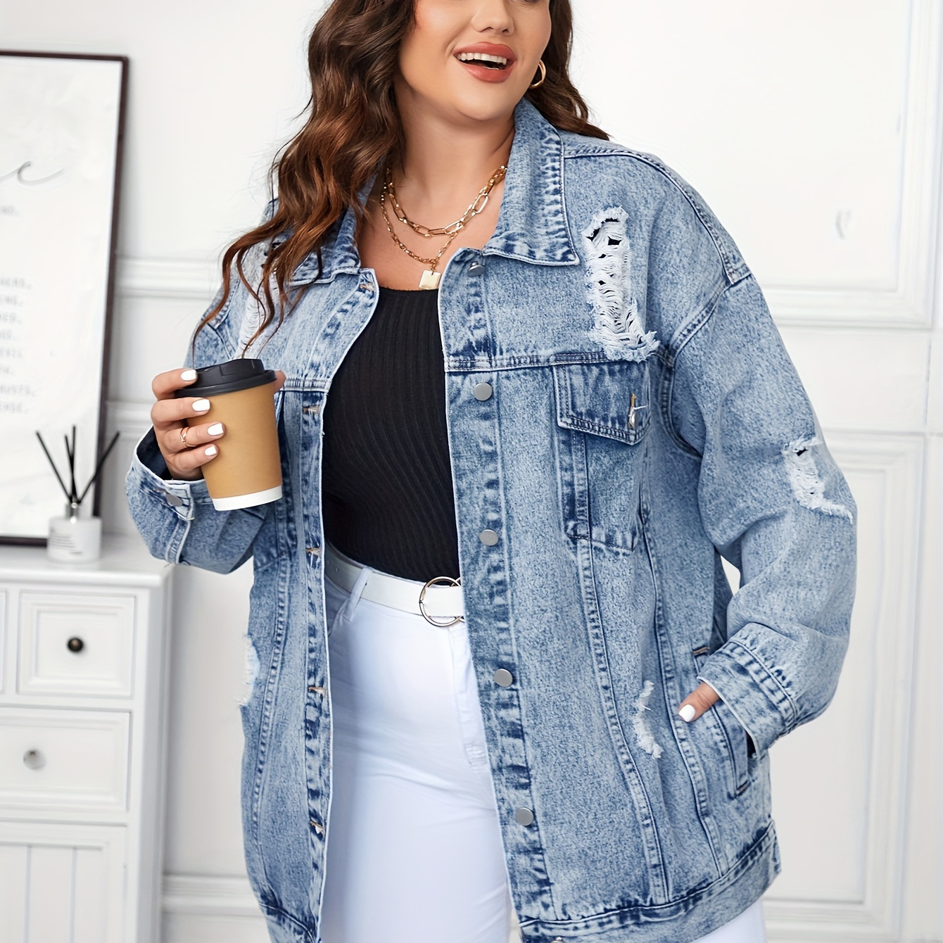 

Plus Size Casual Denim Jacket, Women's Ripped Long Sleeve Washed Blue Lapel Single-breasted Distressed Plus Denim Coat