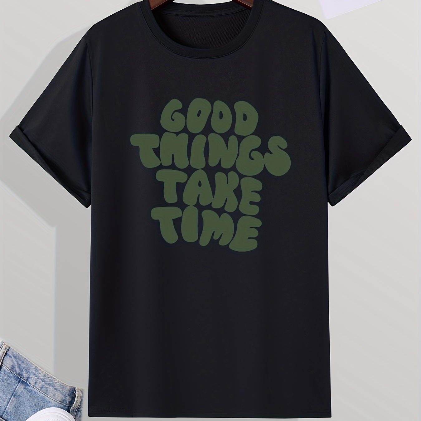 

Men's Casual "good Things Take Time" Print Crew Neck Short Sleeves T-shirts For Summer
