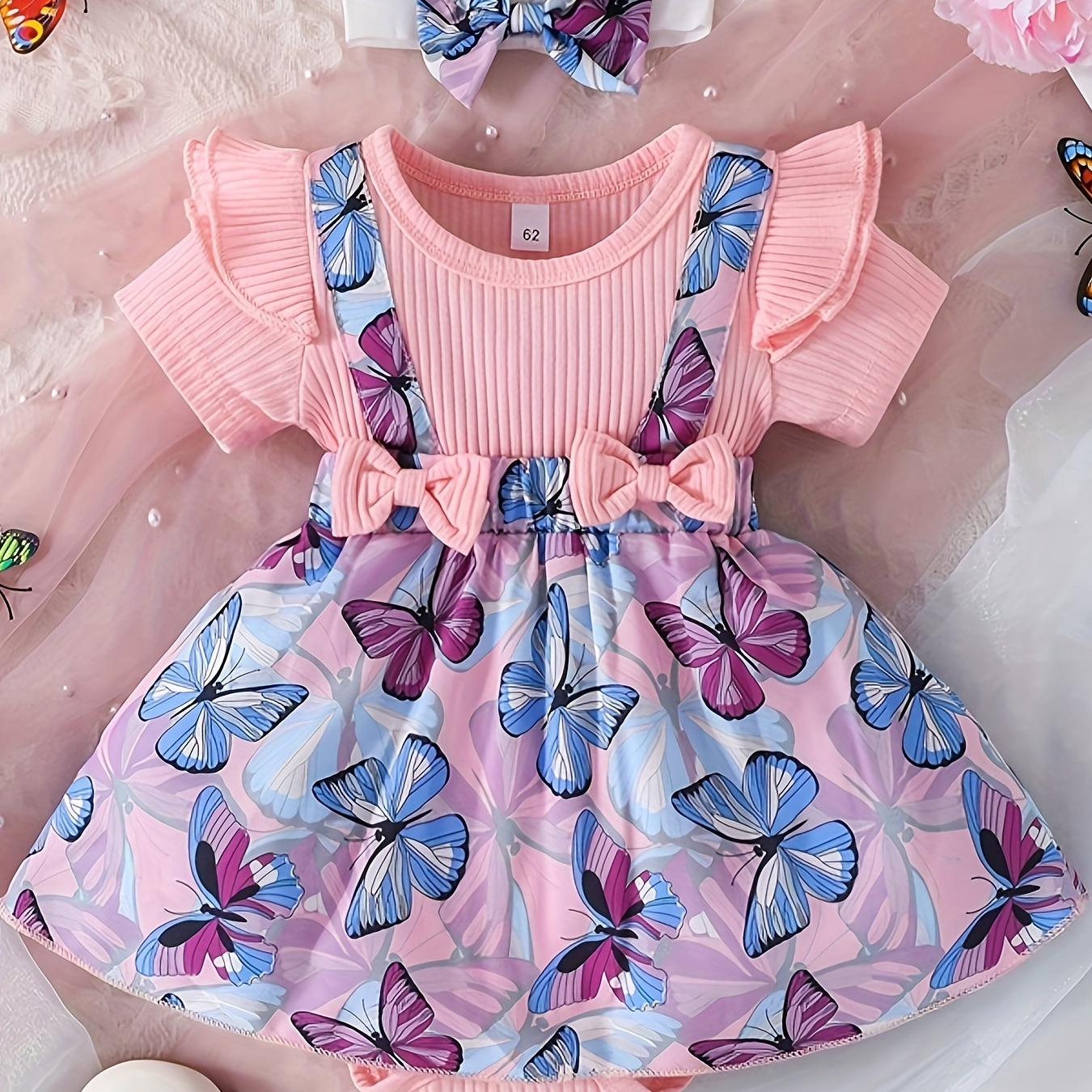 

Baby Girls Short Sleeved Jumpsuit Dress Cute Butterfly Printed Jumpsuit+headscarf For Toddler Velvet
