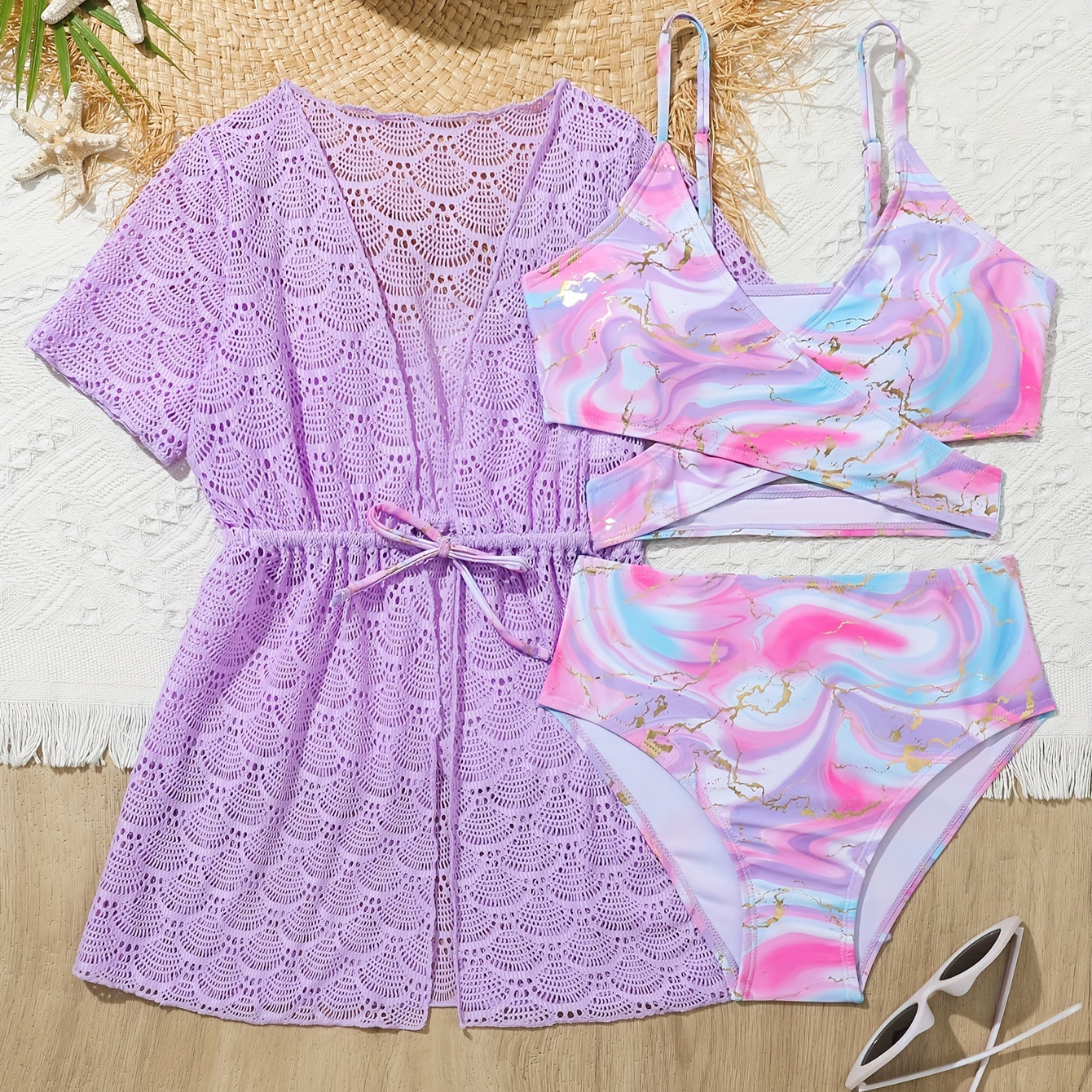 

Girls Sweet Bikini & Mesh Cover Up Shirt Set Allover Gradient Color Print Tie Dyed Trendy Swimwear