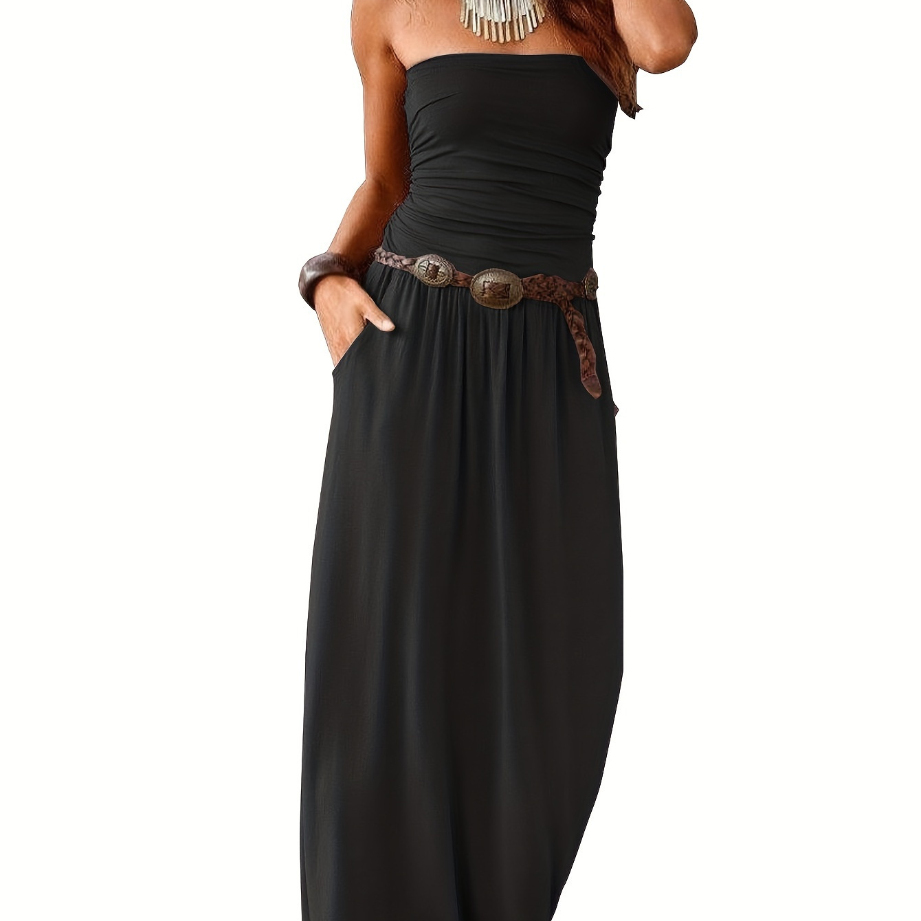

Solid Slim Tube Dress, Versatile Strapless Pockets Ruffle Hem Dress For Spring & Summer, Women's Clothing