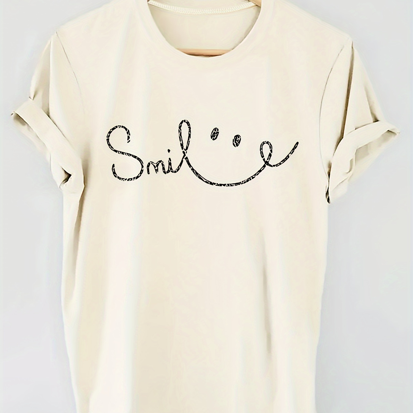 

Women's Casual Crew Neck T-shirt With Smile Print, 100% Polyester Knit Fabric, Short Sleeve Regular Length Tee For All