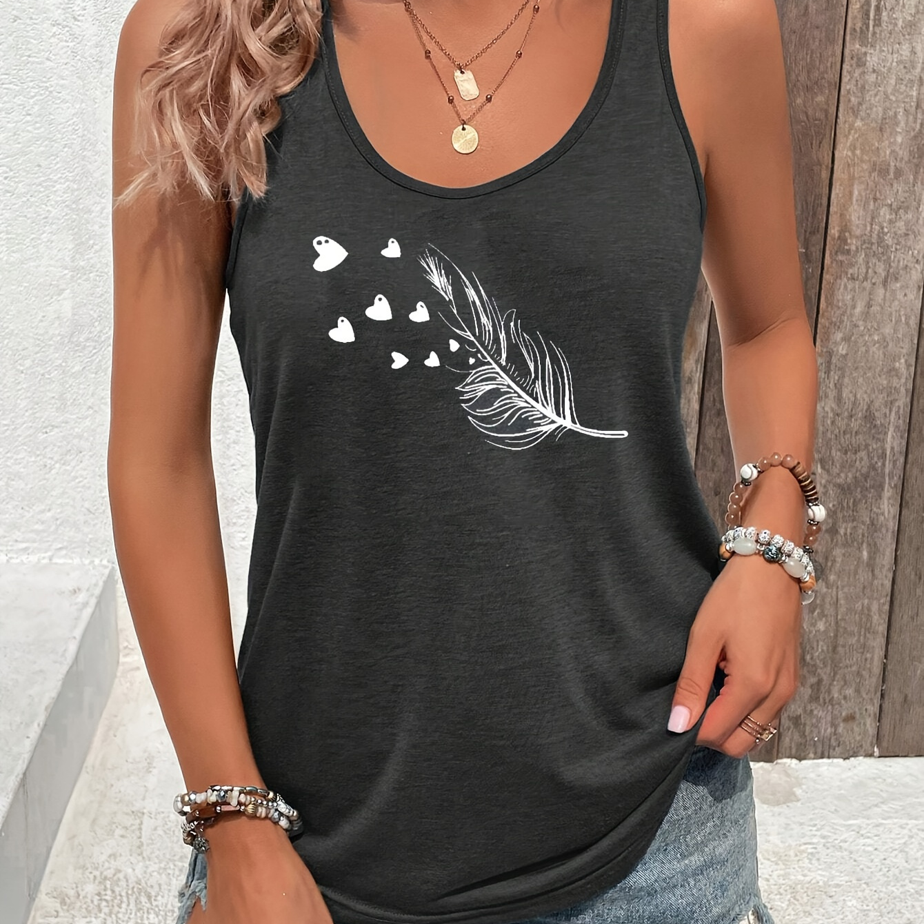 

Feather & Heart Print Tank Top, Casual Sleeveless Tank Top For Summer, Women's Clothing
