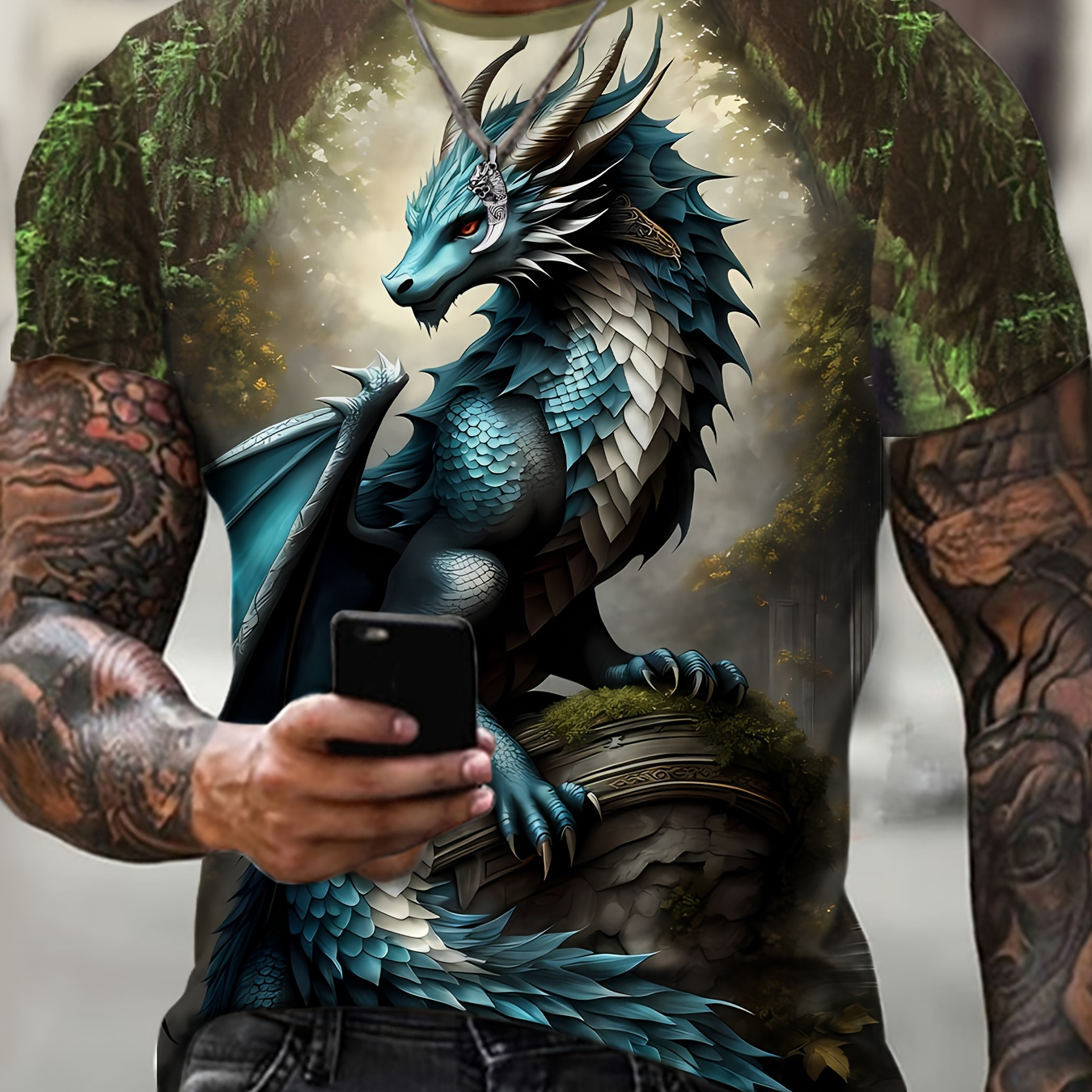 

Men's Dragon Graphic Print T-shirt, Active Short Sleeve Crew Neck Tee, Men's Clothing For Summer Outdoor Fitness Workout