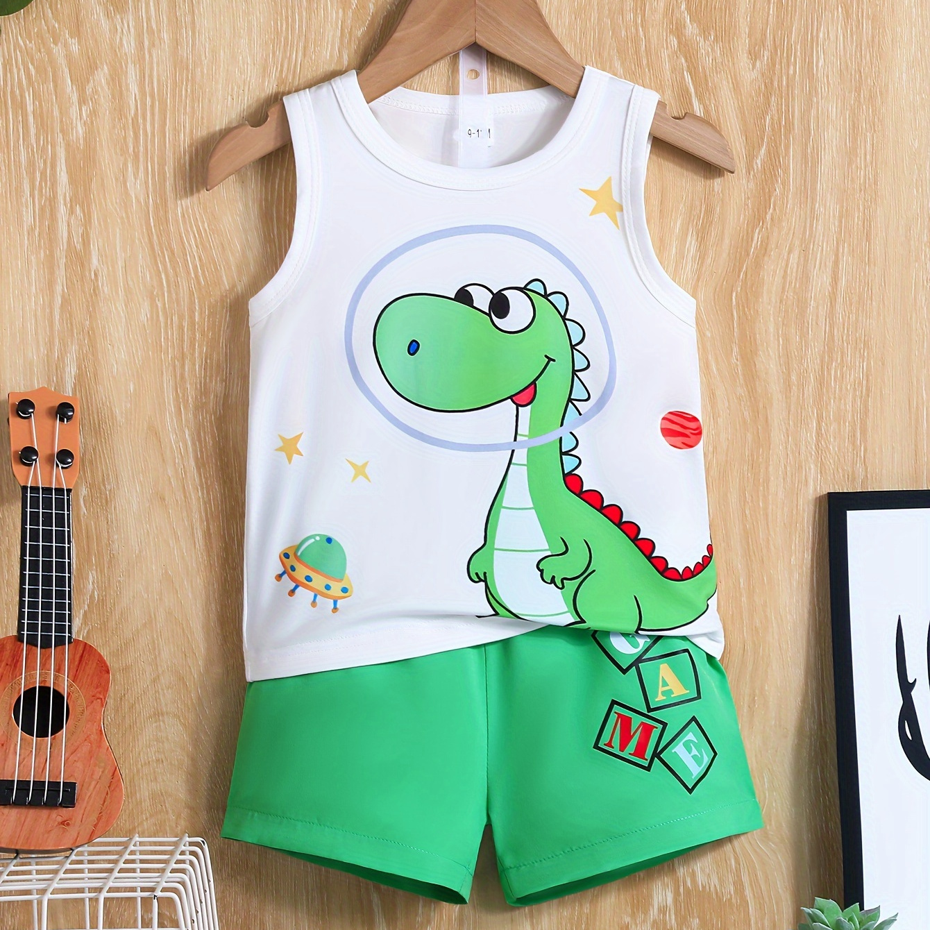 

2pcs Baby Boys Dinosaur Print Sleeveless Tank Top With Shorts Set, Cute Digital Round Neck Vest & Casual Letter Printed Green Bottoms For Summer Outfit