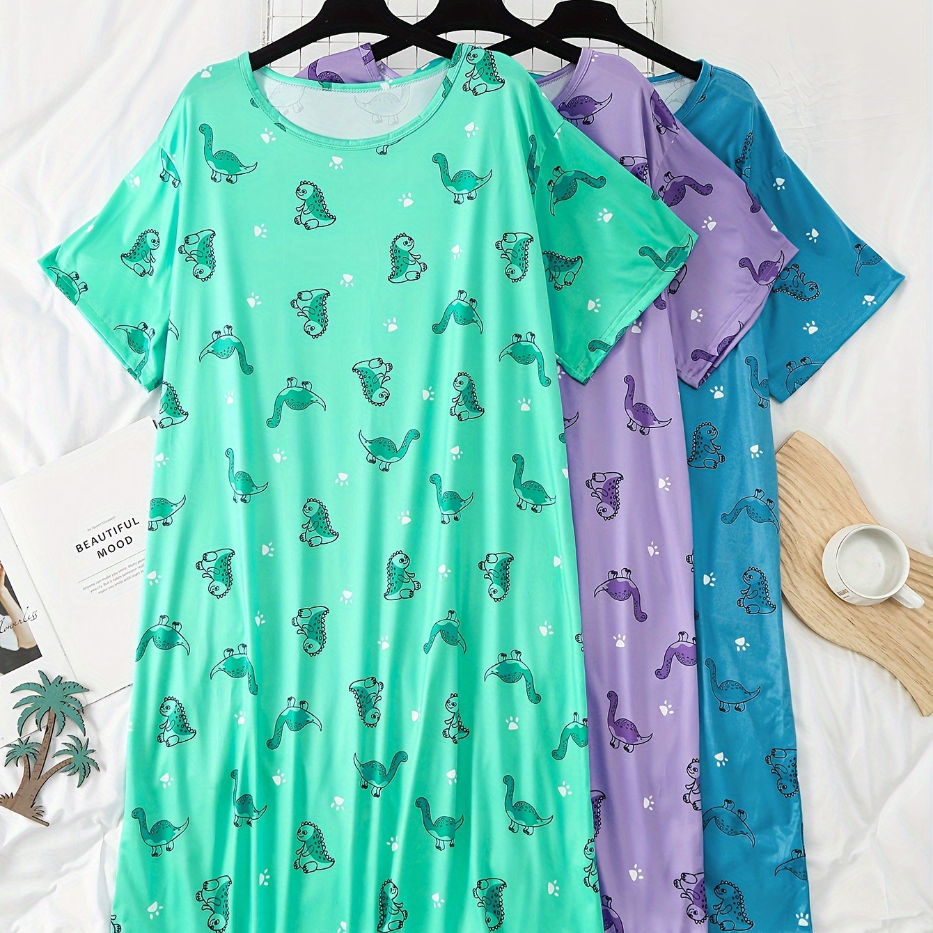 

3pcs Women's Plus Casual Sleep Dress, Plus Size Cartoon Dinosaur Print Short Sleeve Round Neck Tee Nightdress