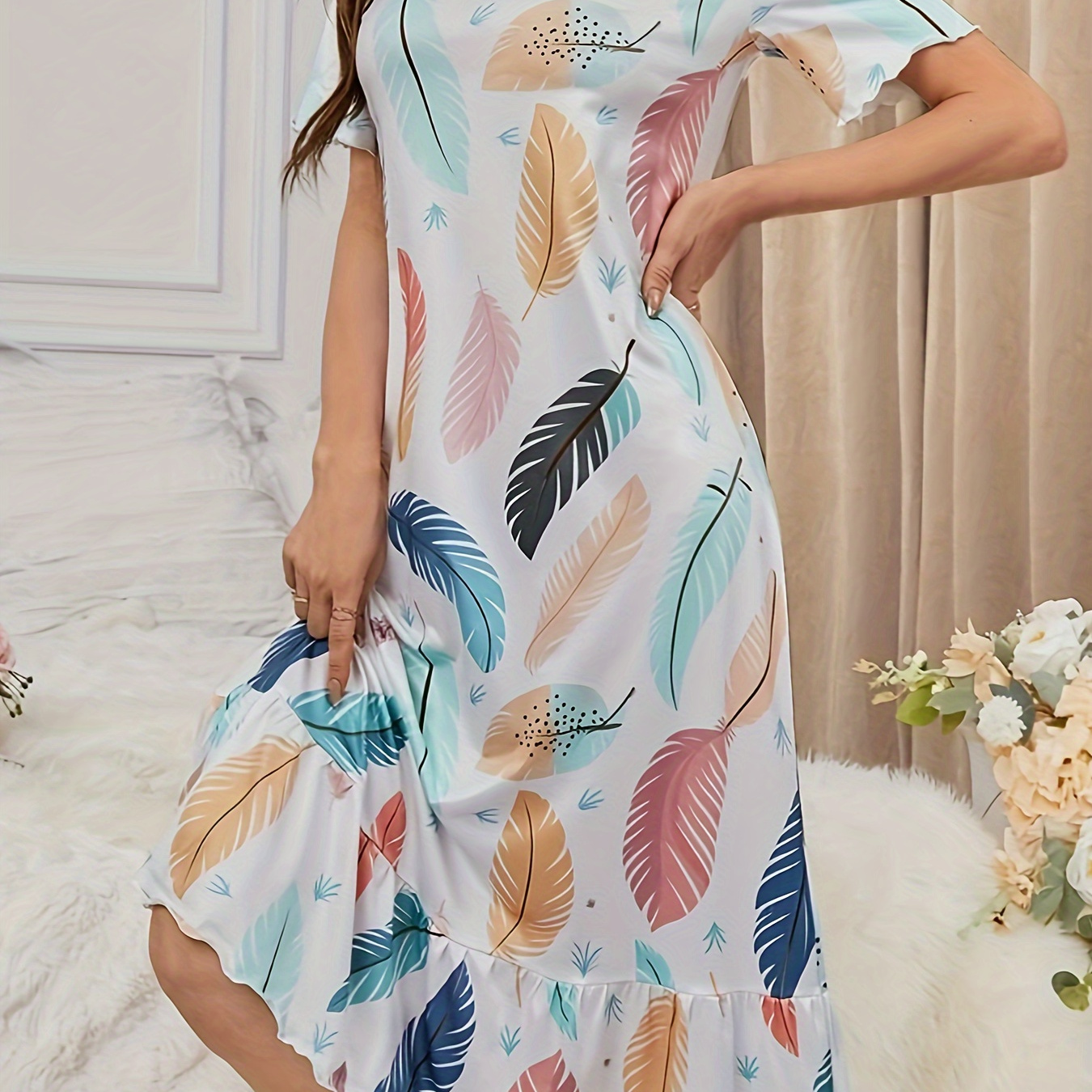 

Women's Colorful Leaf Print Casual Sleepwear Dress, Short Sleeve Round Neck Ruffle Hem Midi Dress, Comfortable Nightgown