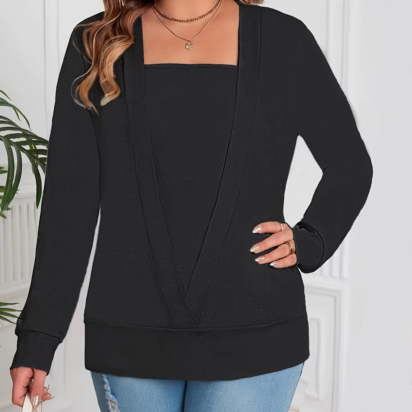 

Plus Size Basic Top, Women's Plus Solid Faux Twinset Long Sleeve Square Neck Slight Stretch Pullover Top