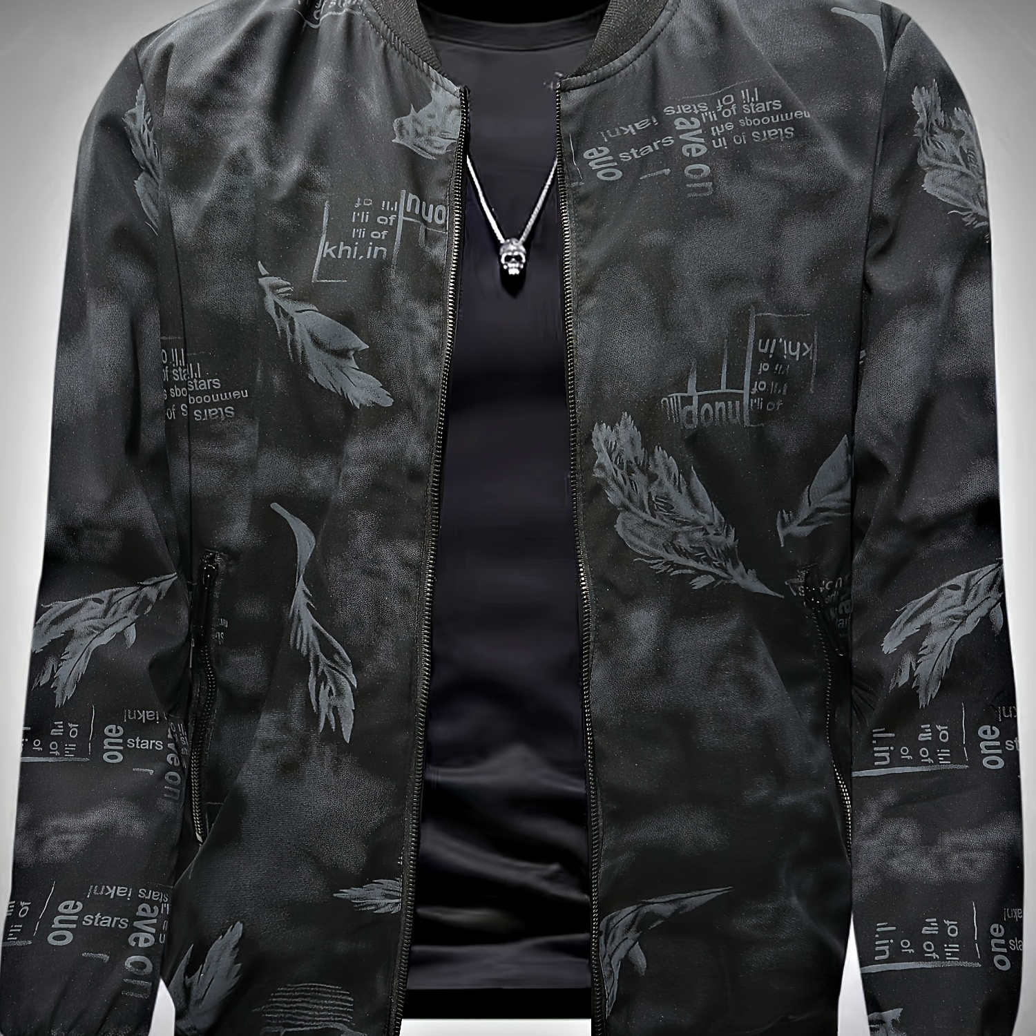 

Men's Casual Feather Pattern Print Full Zip Jacket, Spring/fall Blouson Jacket With Zippered Pocket