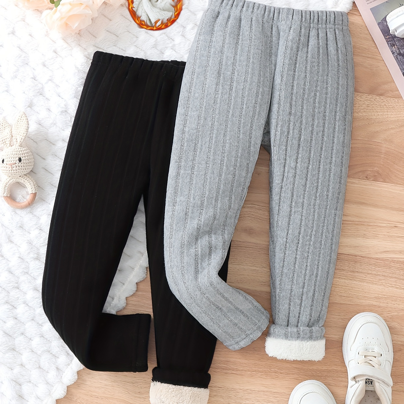 

' 2pcs Fleece-lined Ribbed Knit Pants - & For Fall/, For