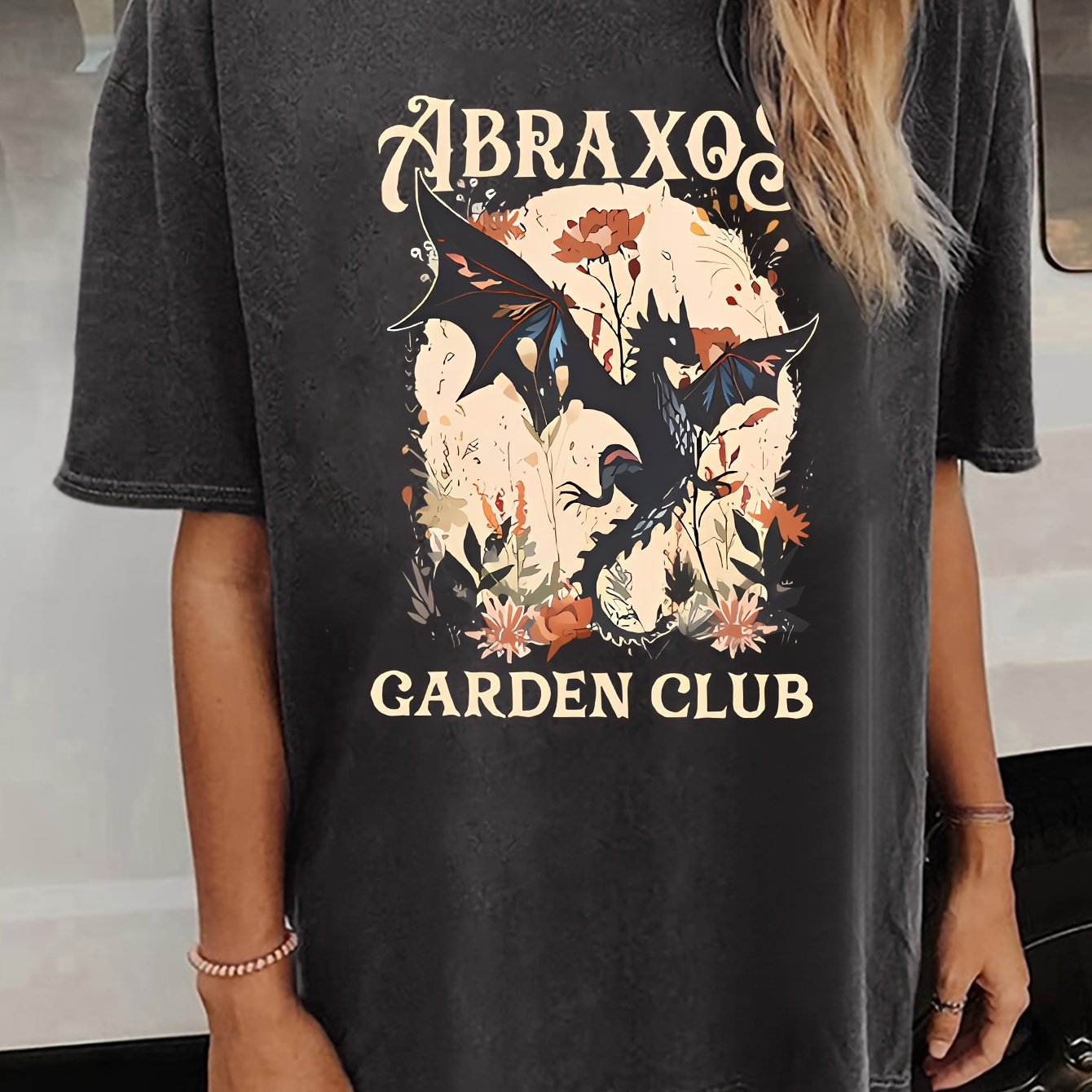 

Abraxo Women's Casual T-shirt - Drop Shoulder, Short Sleeve, Crew Neck With Letter Print, Breathable Polyester , Machine Washable - Summer