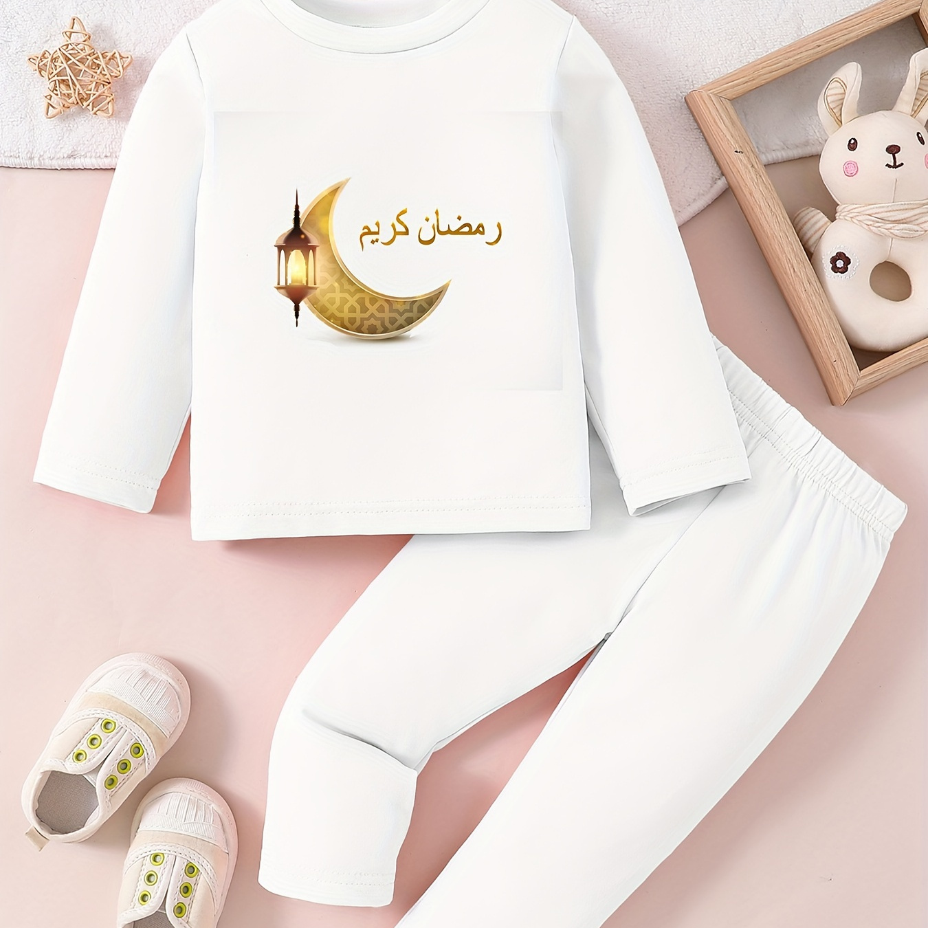 

2pcs Cartoon Color Gradient Moon & Lamp Print Casual Outfit For Infants & Toddler Kids, Long Sleeve T-shirt & Pants Set, Baby Girl's Clothes