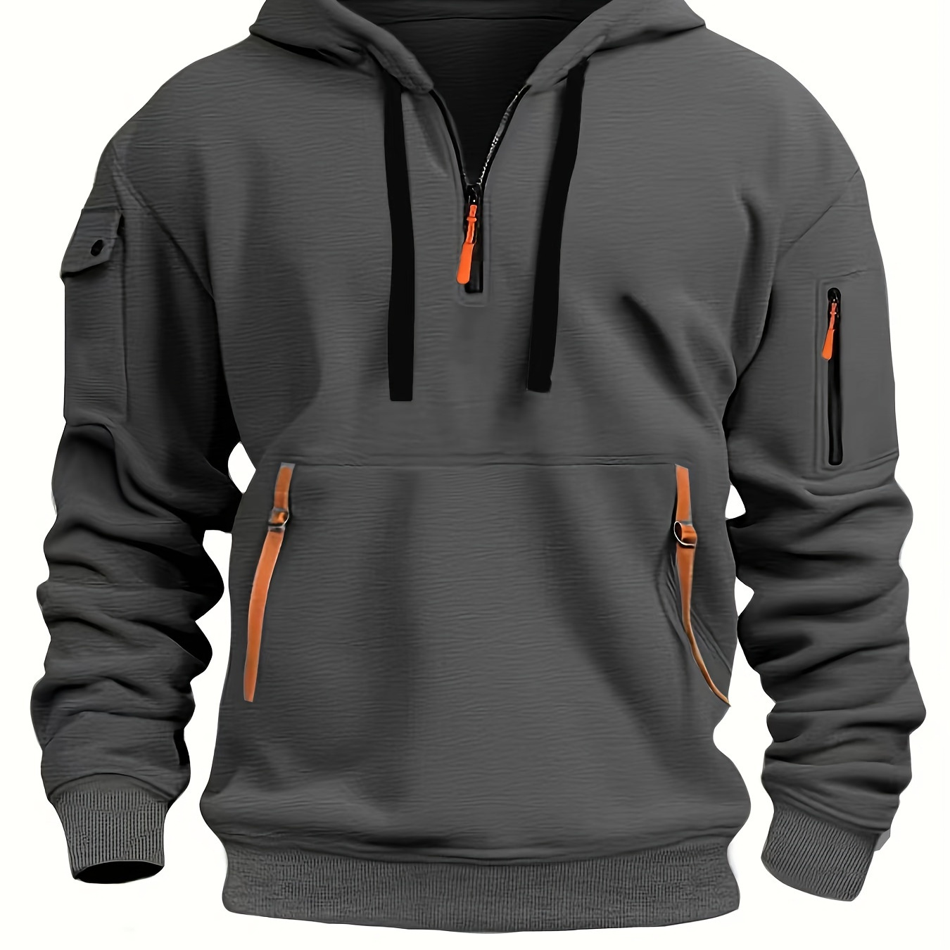 

Men' Hooded Long Sleeve Half Zip Sweatshirt With A Kangaroo Pocket And Multiple Zipper, Hoodie For Sports And Outdoors Activities