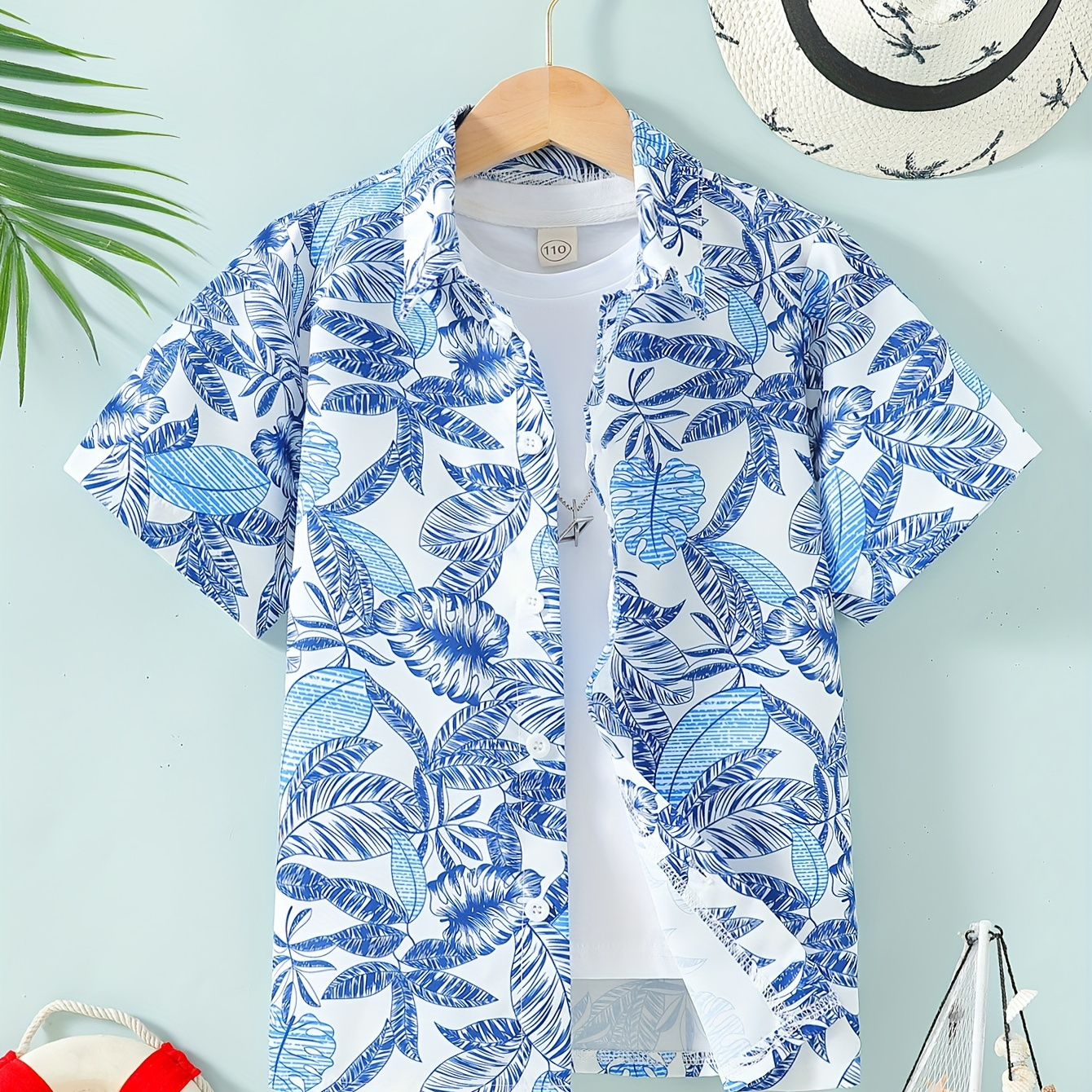 

Boy's Trendy Hawaii Shirt, Kids Casual Short Sleeve Tropical Pattern Front Button Summer Tops