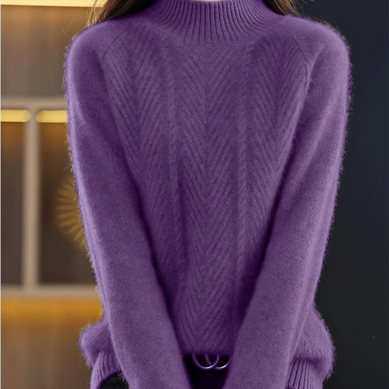 

Elegant High Neck Pullover Sweater For Women - Acrylic And Cashmere , Solid Color Long Sleeve Knit Top For Fall/winter